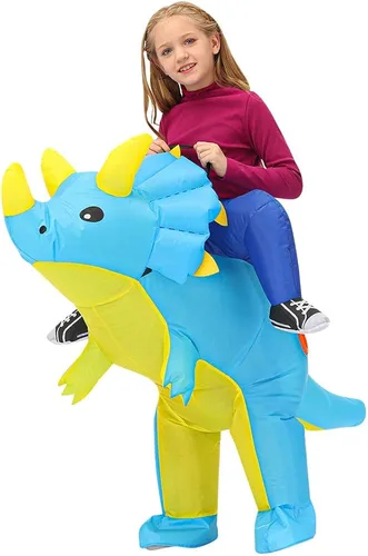 Vista 2 de Disfraz inflable azul Triceratops Ride Dinosaur Air Blow-up Deluxe Halloween Suit para adultos, niños y niños pequeños
