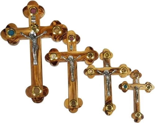 Vista 2 de Cruz de pared de madera de olivo con crucifijo católico de Jerusalén