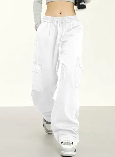 Vista 3 de Dokotoo Pantalones cargo de cintura alta y pierna ancha para mujer, con 6 bolsillos, holgados, informales, de combate, militares