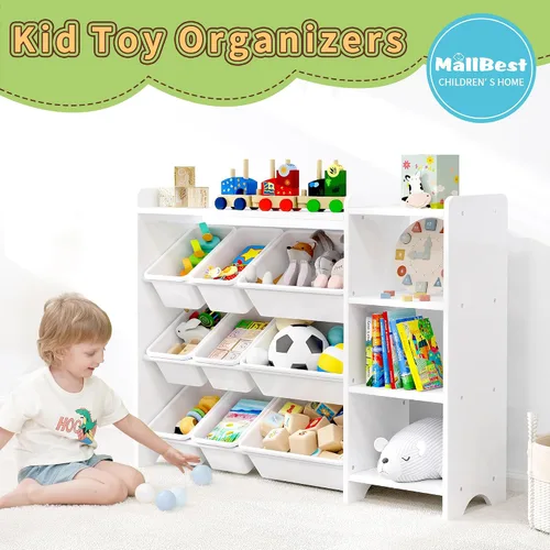 Vista 10 de MallBest Estante organizador de almacenamiento de juguetes para niños de 4 niveles, 100% madera maciza, armario de almacenamiento para niños con 9