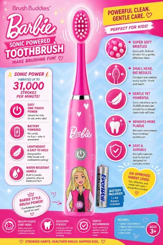 Vista 2 de Brush Buddies Barbie - Cepillo de dientes eléctrico con pilas para niños, cerdas suaves y potencia sónica, perfecto para niños, niñas e higiene