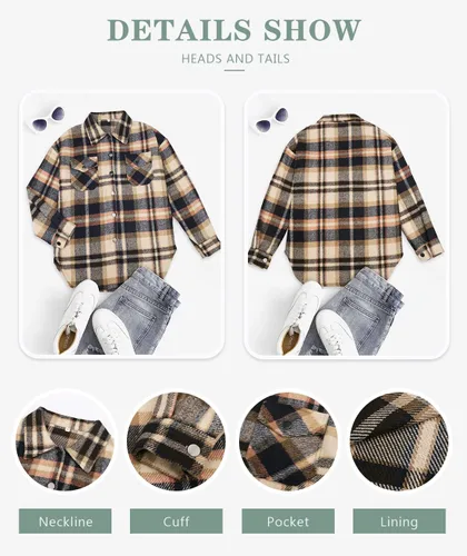 Vista 4 de Beaully - Chamarras casuales a cuadros para mujer, de franela cepillada, con botones, camisa con bolsillos