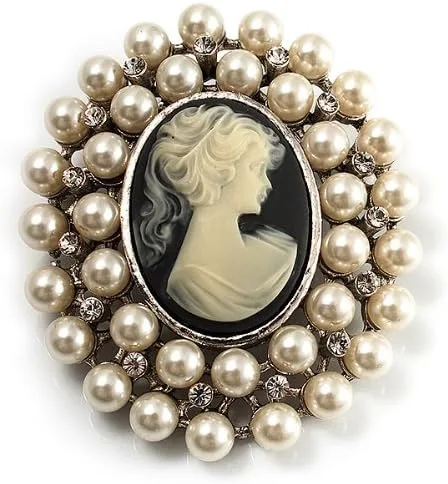 Vista 2 de Broche de camafeo de cristal de perlas simuladas (tono plateado), Perla de imitación Cristal Cameo Perla sintética Cristal, Sin gemas.