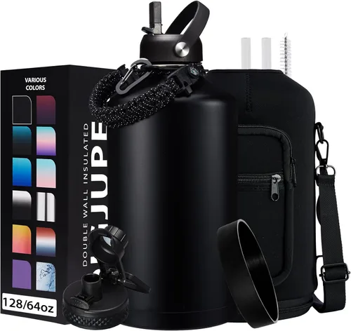Vista 13 de Botella de agua aislada de 1 galón, con popote y tapa de pico automático, mango de paracord, funda para botella, botella de agua de acero inoxidable