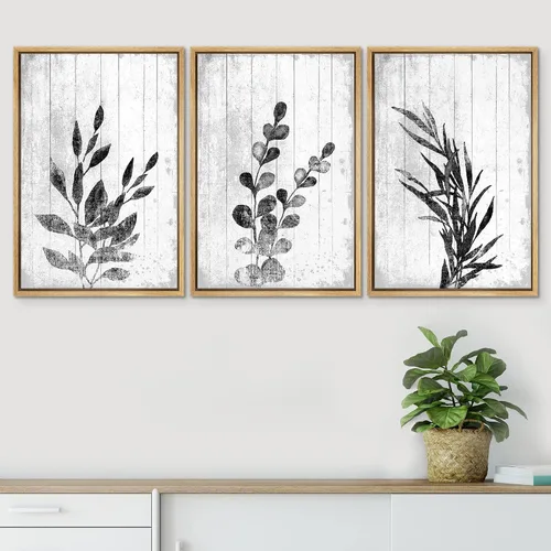 Vista 254 de SIGNWIN Lienzo enmarcado para pared, juego de arte de collage de hojas transparentes en blanco y negro, ilustraciones de naturaleza silvestre, arte