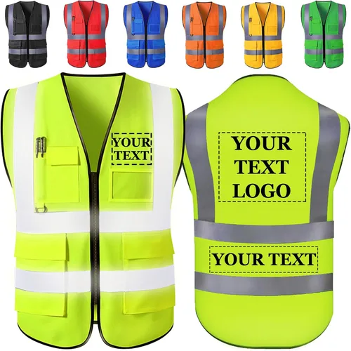 Vista 12 de Chaleco de seguridad personalizado con logotipo, texto, nombre, alta visibilidad, bolsillos y cremallera, a granel para mujeres y hombres Class 2