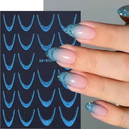 Vista 6 de Calcomanías de uñas de línea francesa, calcomanías de uñas de punta francesa con purpurina colorida 3D, autoadhesivas en 3D, puntas de uñas de línea