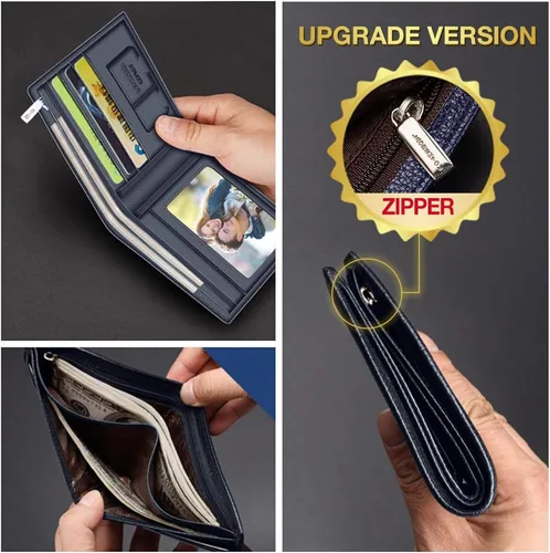Vista 27 de LAORENTOU Billeteras de cuero genuino para hombre, billeteras plegables con cremallera, bolsillo para monedas, casual, cartera delgada