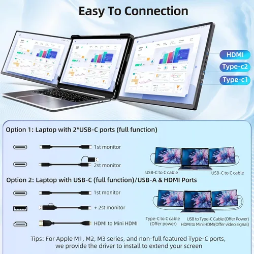 Vista 7 de Monitor extensor de pantalla portátil para laptop, extensor de pantalla triple de 2.5 K, Plug and Play, múltiples pantallas extendidas para Negro