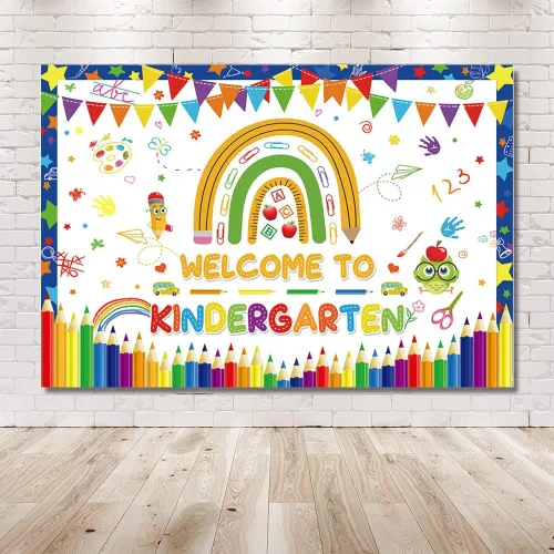 Vista 6 de MEHOFOND Cartel de fondo de bienvenida a jardín de infantes de 7 x 5 pies, diseño de arco iris, para regreso a clases, decoración de fiesta