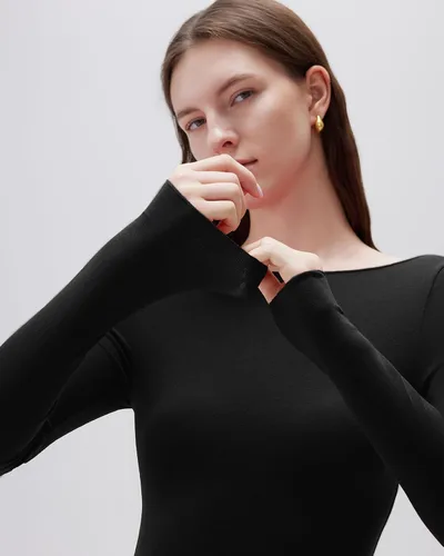 Vista 3 de SUUKSESS - Blusa de manga larga ajustada con cuello barco para mujer, de cachemira como las nubes Negro