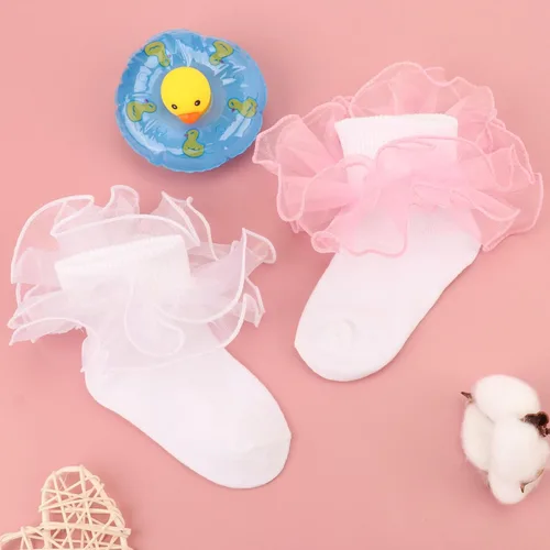 Vista 5 de BQUBO - Calcetines de encaje con ojales y volantes, calcetines de encaje para recién nacidobebéniños pequeñosniños pequeños con volantes de verano