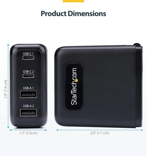 Vista 10 de StarTech - Cargador de pared USB-C GaN de 100 W, adaptador de corriente para MacBook Pro/Air Dell XPS, iPhone 15/Pro, iPad Pro, 2x USB-C/2x USB-A