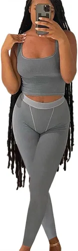 Vista 2 de ZFLM Conjuntos de entrenamiento casuales de dos piezas para mujer, camiseta sin mangas acanalada, cintura alta, leggings de yoga para uso activo
