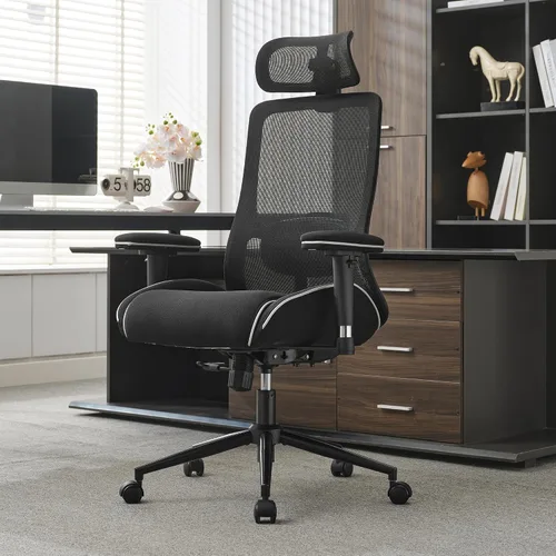 Vista 7 de Okeysen Silla de oficina ergonómica de malla, silla giratoria de computadora con respaldo alto con reposacabezas ajustable 2D, soporte lumbar