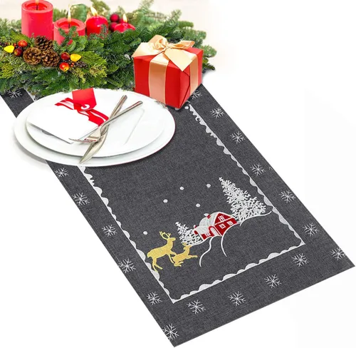 Vista 6 de Mantel pequeño con diseño de reno bordado para fiestas de Navidad