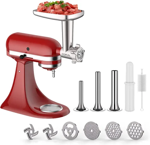 Vista 2 de COFUN Picadora de carne para batidora KitchenAid, molinillo de alimentos de metal con 4 placas de molienda, 3 tubos de relleno de salchichas, 2