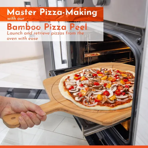 Vista 3 de Pizarra de madera de 12 pulgadas con tamaños grabados, tabla de cortar de pizza de bambú multiusos, cáscara de pizza de madera, espátula de pizza