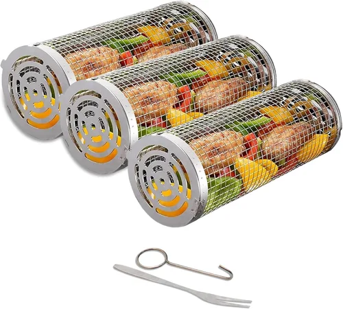 Vista 9 de Cesta enrollable para parrilla de acero inoxidable, cesta para parrilla con cubierta de malla extraíble, accesorios para barbacoa, cestas