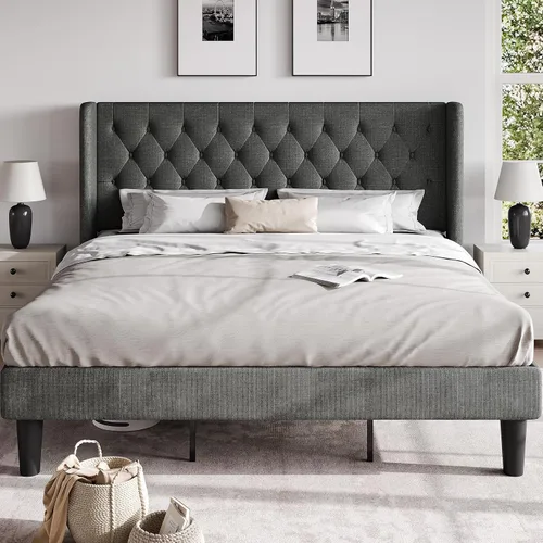 Vista 12 de HOOMIC Base de cama clásica de tamaño matrimonial con cabecera copetuda con botones en la parte trasera, plataforma tapizada con fuerte soporte