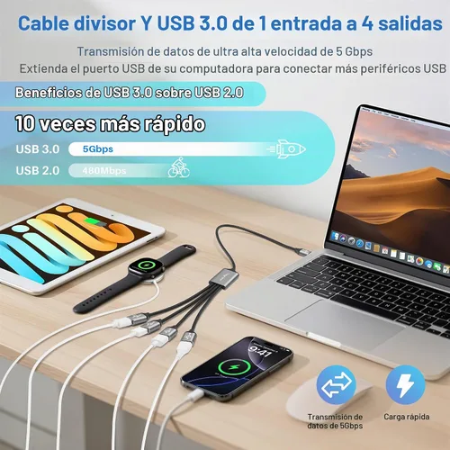 Vista 3 de Divisor USB 3.0 de 1 en 4 salidas Cable adaptador Y de 1 pie, cable de extensión USB-A 3.0 macho de 5 Gbps a cuatro 4 hembras, 4 USB tipo A USB A