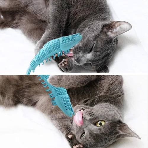 Vista 7 de Paquete de 2 cepillos de dientes para gatos, juguete masticable Azul