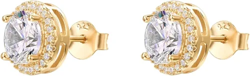 Vista 3 de PAVOI 14K Gold Plated Sterling Silver Post Brilliant Round Faux Diamond Halo Earrings - Premium Cubic Zirconia in Rose Gold, White Gold and Yellow
