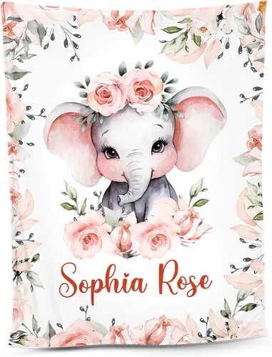 Vista 9 de NAZENTI Manta de bebé de elefante personalizada, manta de bebé niña personalizada con nombre y floral, regalo para niñas y niños, recién nacidos