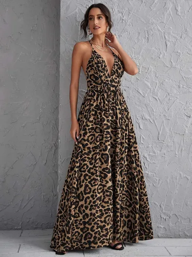 Vista 3 de Floerns Vestido largo de playa con cuello en V profundo y espalda cruzada de leopardo para mujer