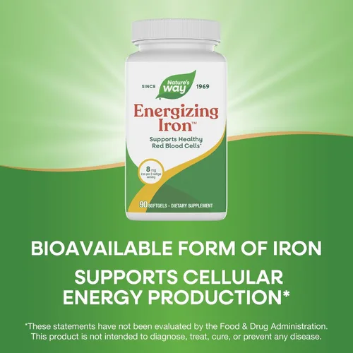 Vista 4 de Nature's Way Hierro energizante - Soporte de glóbulos rojos* - 8 mg de hierro, -200 mcg de cianocobalamina y vitamina B12 por porción de 2 cápsulas