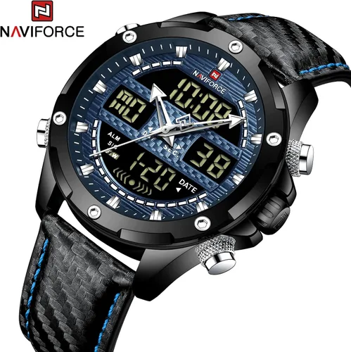 Vista 2 de NAVIFORCE Reloj analógico digital militar de cuarzo para hombre, movimiento de cuarzo japonés, resistente al agua, 3ATM, reloj deportivo de cuero
