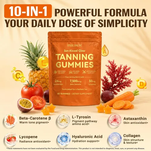 Vista 2 de Gomitas bronceadoras, suplemento de bronceado sin sol para mujeres y hombres, con beta-astaxantina, caroteno, licopeno, colágeno y vitaminas