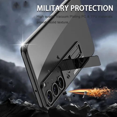 Vista 4 de Miimall Funda compatible con Samsung Galaxy S23, funda S23 con soporte, cubierta al vacío translúcida protectora delgada para Galaxy S23 5G (negro)