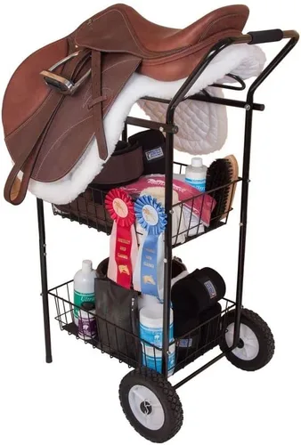 Vista 3 de Easy-Up Mostrar carrito con soporte para sillín Práctico carrito de exhibición, cestas dobles, estante para sillín de montar, ruedas de 8