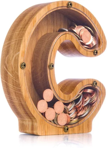 Vista 8 de Alcancía de madera personalizada con letra para niños, niñas y adultos, bancos de monedas de madera de roble duradero, 3 tamaños para elegir