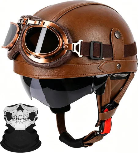 Vista 10 de Casco de motocicleta rosa, medio casco de cuero estilo alemán, casco de motocicleta para mujer con certificación DOT, casco de media cara con gafas