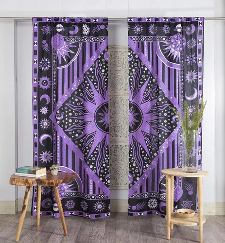 Vista 8 de Popular Handicrafts – Cortinas de ventana con diseño de mandala hippie indio, estilo bohemio, sol ardiente, luna gitana, hermosas cortinas