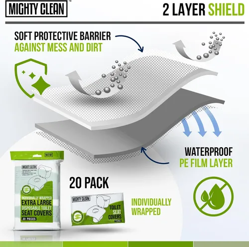 Vista 3 de Mighty Clean - Fundas desechables para asiento de inodoro XL, 100% impermeables, envueltas individualmente, fundas extra anchas para adultos
