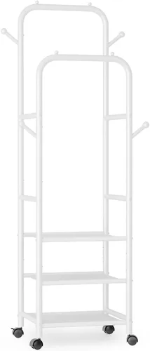 Vista 11 de Furologee - Percheros enrollables para colgar ropa, con dobles varillas, con ruedas, perchereros resistentes, perchero metálico portátil