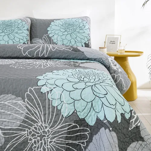 Vista 2 de Anibedding Juego de edredón con estampado floral verde, tamaño King, colcha de 3 piezas, elegante colcha de flores bohemias con 2 fundas de Gris
