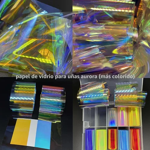 Vista 9 de 20 hojas de papel de celofán iridiscente para uñas, hojas rotas, láminas holográficas, calcomanías de uñas de aurora, diseños de uñas reflectantes