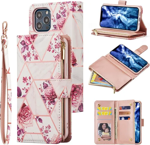 Vista 10 de UEEBAI Funda tipo cartera para iPhone 12/iPhone 12 Pro, funda de cuero PU con cierre magnético Bolso con cremallera Estuche de bolsillo con Negro