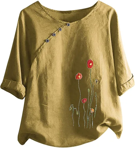 Vista 4 de Ceboyel Women Summer Cotton Linen Shirts Floral Print Tops Short Sleeve Casual Blouses Boho Loose Fit Ladies Clothes 2023