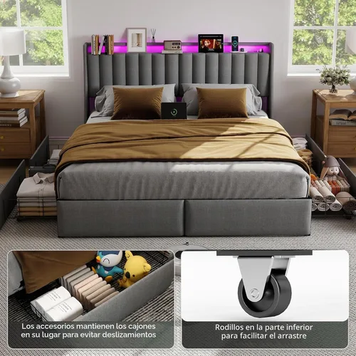 Vista 7 de UINTAI Marco de cama tamaño completo con cabecero y 4 cajones de almacenamiento, cama de plataforma metálica tapizada con respaldo abatido y luces