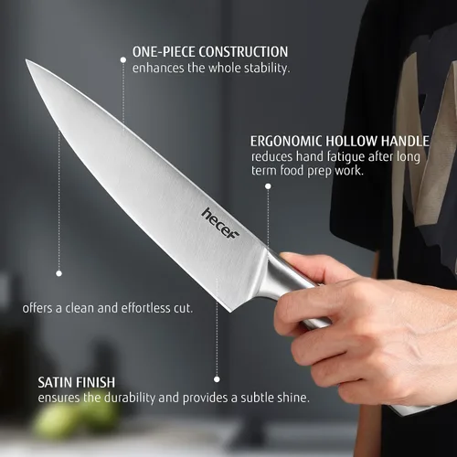 Vista 4 de hecef Juego de cuchillos de cocina plateado de 3 piezas, hoja con acabado satinado con mango hueco, incluye cuchillo de chef de 20 cm, cuchillo