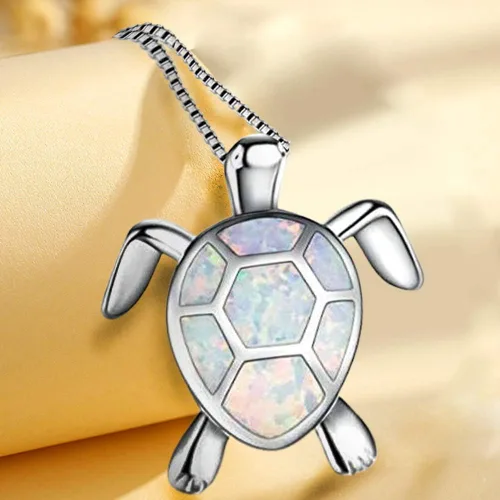 Vista 4 de Hithop Bonito collar con colgante de tortuga, animales encantadores, collar de plata chapado en ópalo de fuego blanco, regalos de joyería
