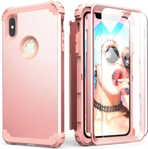 Vista 19 de IDweel Funda para iPhone Xs Max con protector de pantalla de vidrio templado, absorción de golpes 3 en 1, protección resistente, cubierta de Negro