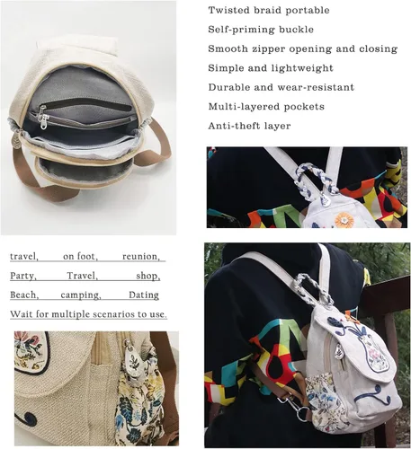 Vista 120 de HUANGGUOSHU Mochila de algodón tejida de algodón bohemio con bordado de lona estilo bohemio con múltiples bolsillos retro linda mochila cartera