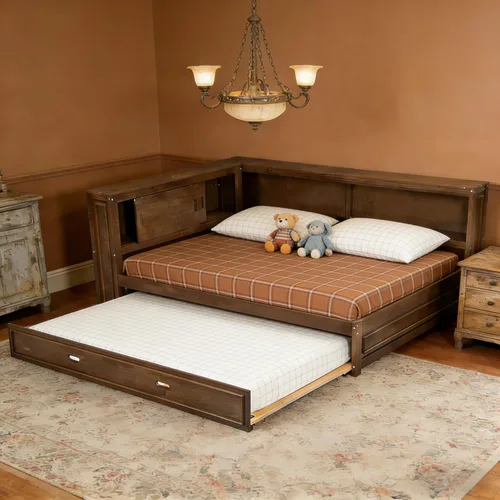 Vista 9 de SOFTSEA Sofá cama esquinera de tamaño matrimonial con nido y estantería, sofá cama en forma de L con luces LED y puertos USB, marco de cama Antique