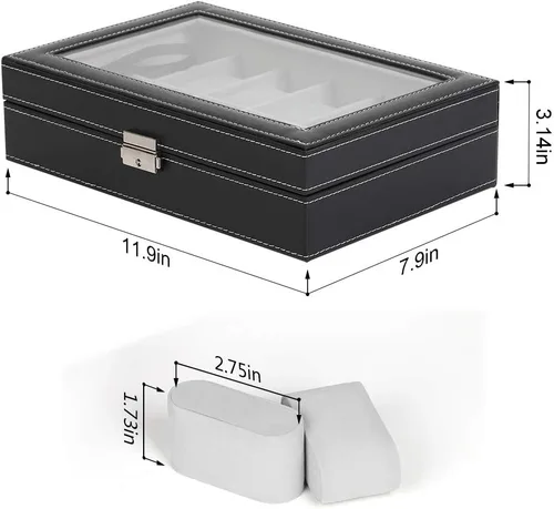 Vista 2 de LIANTRAL Caja de reloj para hombre regalo de San Valentín para él 12 ranuras de cuero organizador de reloj parte superior de cristal negro